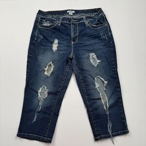 Cato Jeans Womens 10 (30x17) Blue Distressed Capri Crop Raw Hem Ripped Denim